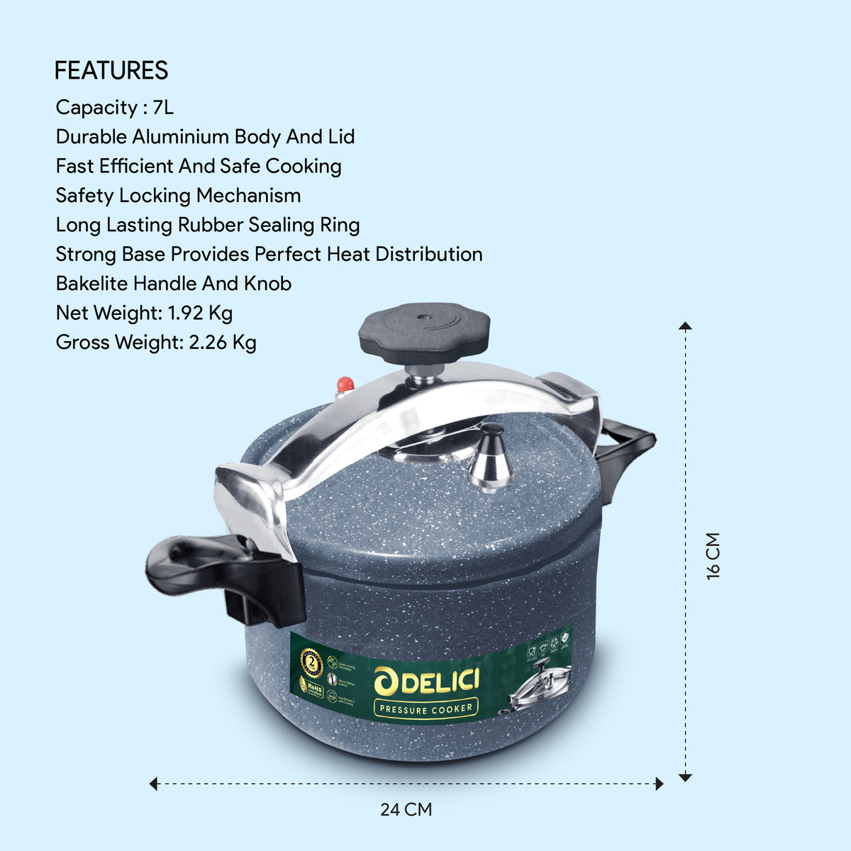 Delici Aluminium Granite Pressure Cooker 7Ltr Gray (DPC 7G)