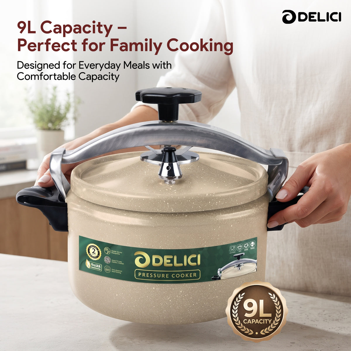 Delici Granite Aluminium Pressure Cooker 9 Litre | Beige | Safety Lock | 2-Year Warranty | DPC9B