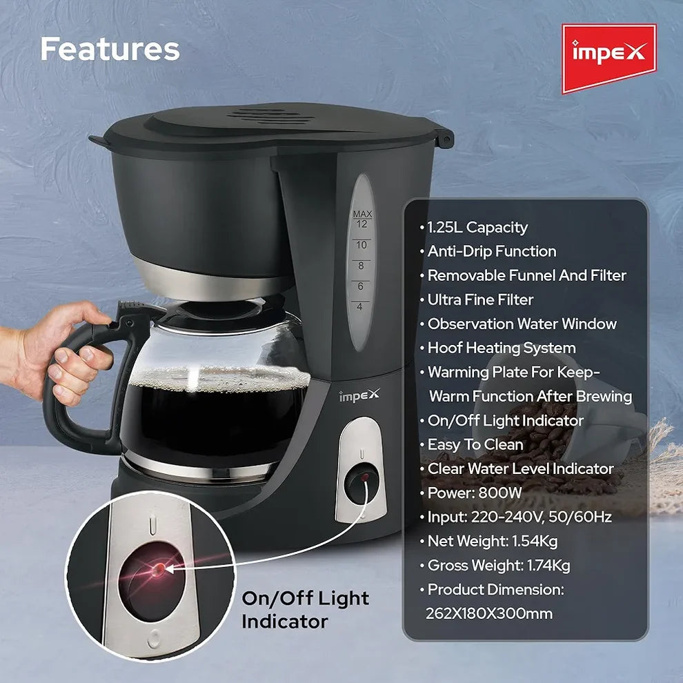 Impex CM1912 – 1.25L 12-Cup Drip Coffee Maker with Keep-Warm Plate & Anti-Drip