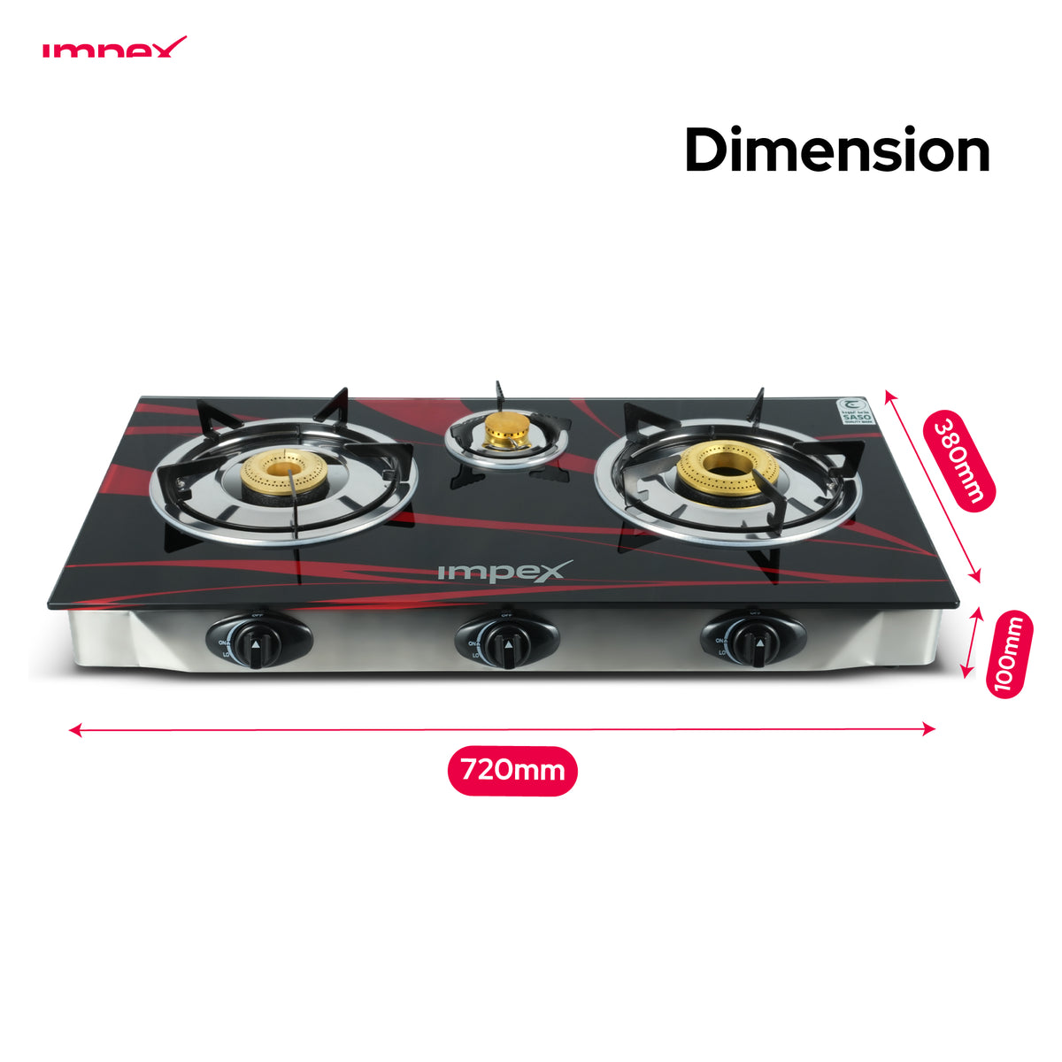 Impex LP Gas Stove 3Burner Glass (IGS 1213F)