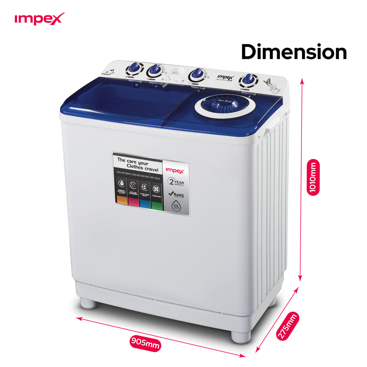 Impex 2-lit semi-automatic twin-tub washing machine shown with dimension annotations indicating 905mm width, 775mm depth, and 1030mm height on a white background.