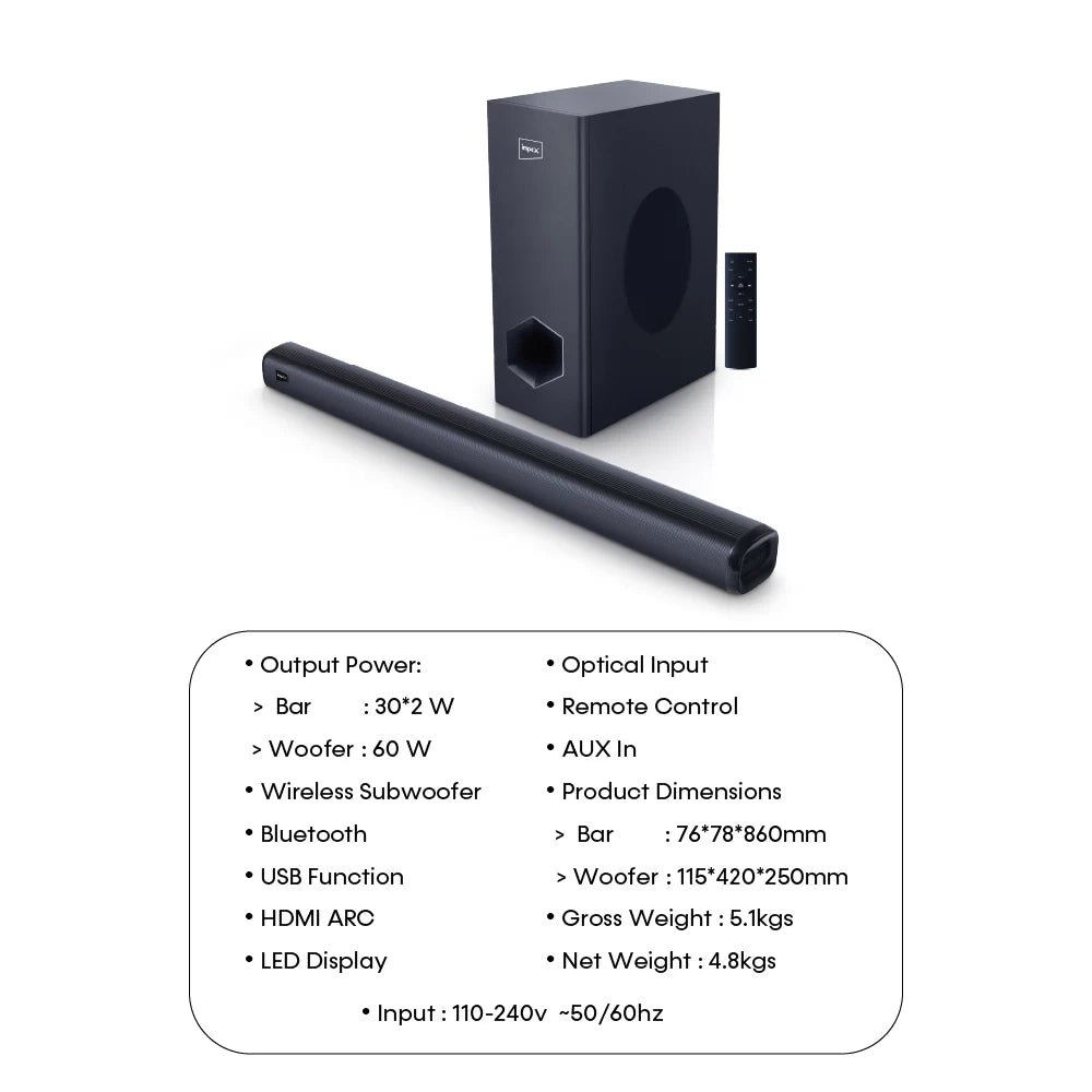 Impex BeatBeam SB6000 2.1 Soundbar | 120W | Wireless Subwoofer | 3D Audio EQ