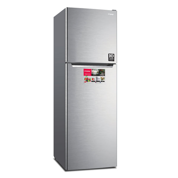 Silver refrigerator with a brand logo on a white background