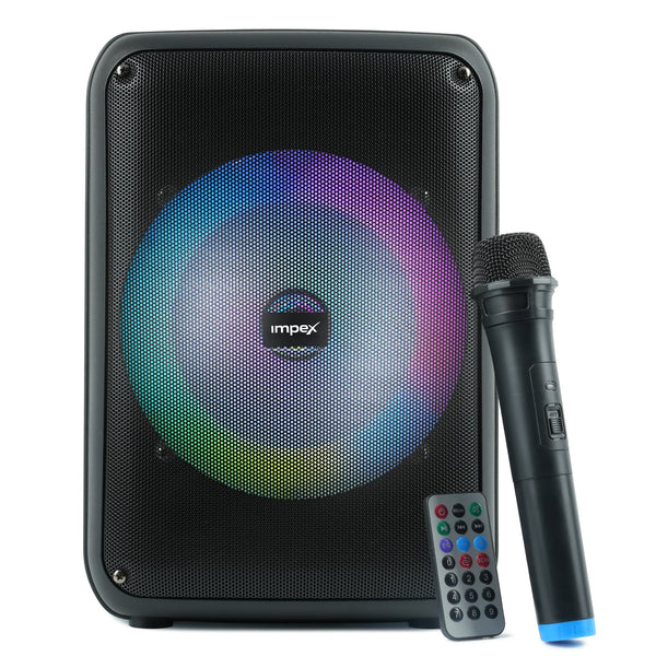 Black Impex portable speaker with a colorful rainbow LED ring, a handheld microphone, and a remote control on a white background.