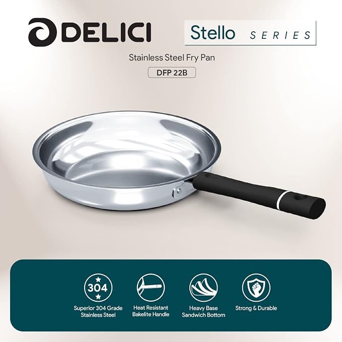 Delici Stainless Steel Fry Pan 22CM | 304 Grade SS | Oven Safe | DFP22W