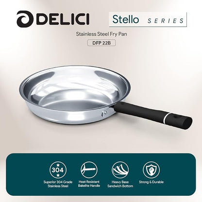 Delici Stainless Steel Fry Pan 22CM | 304 Grade SS | Oven Safe | DFP22W