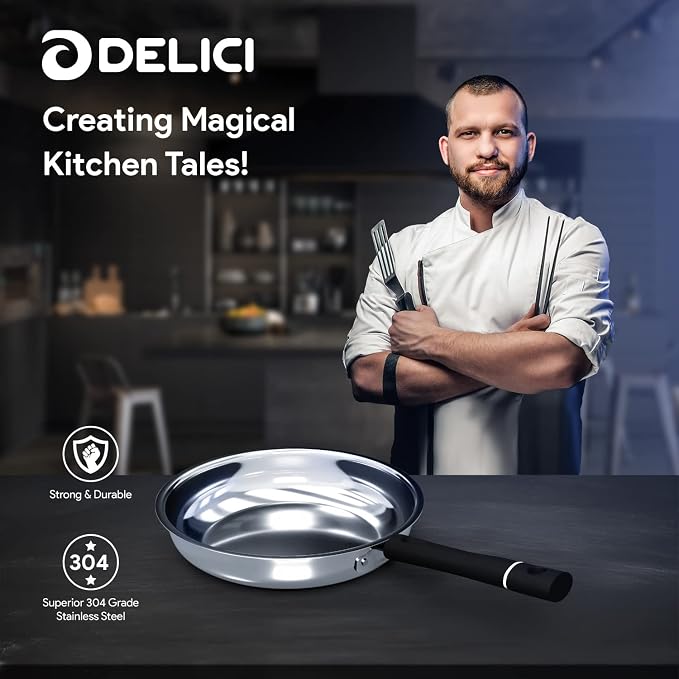 Delici Stainless Steel Fry Pan 22CM | 304 Grade SS | Oven Safe | DFP22W