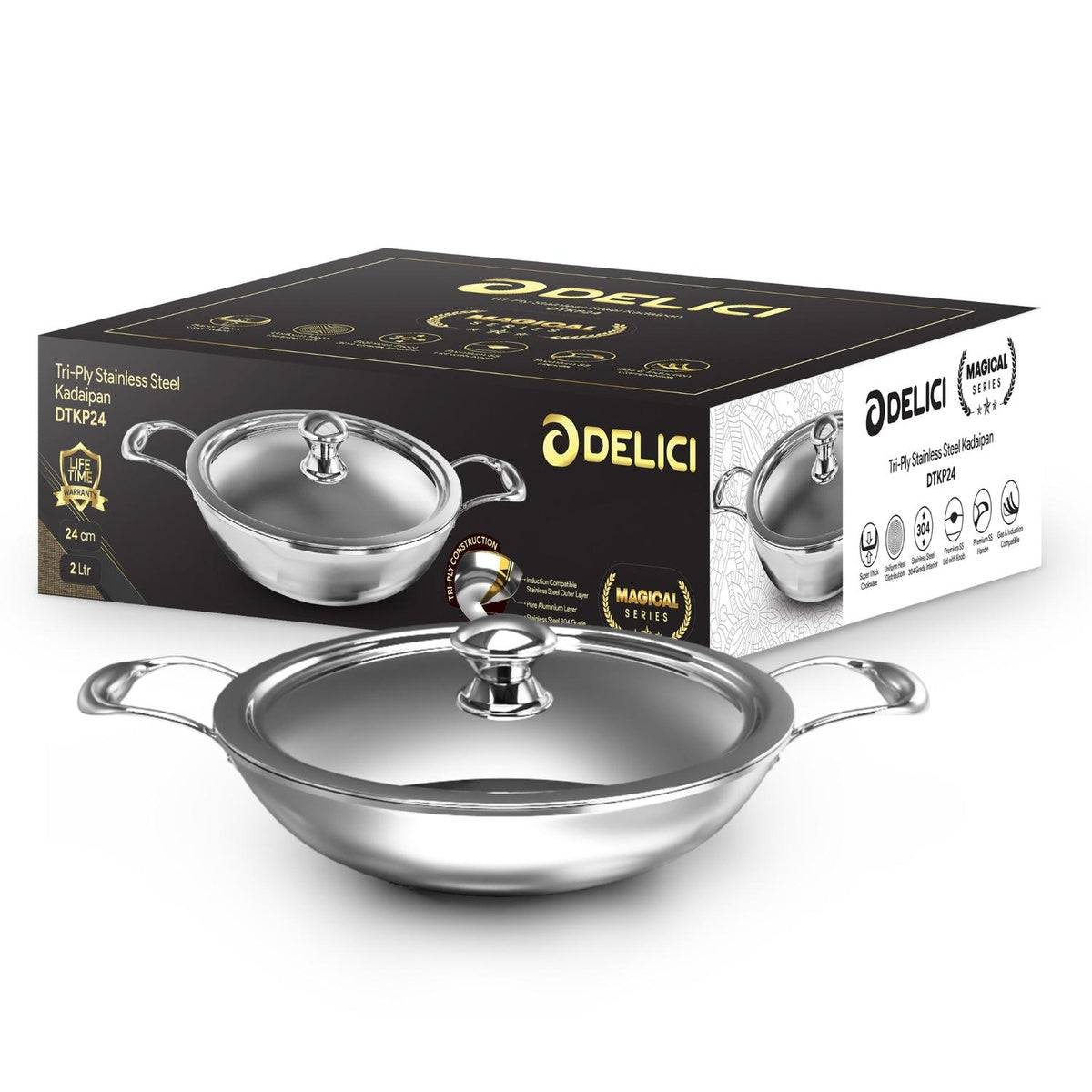 Delici Tri-Ply Stainless Steel Kadai 24CM with SS Lid | 2L | 304 Grade | Induction & Oven Safe | DTKP24
