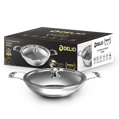 Delici Tri-Ply Stainless Steel Kadai 24CM with SS Lid | 2L | 304 Grade | Induction & Oven Safe | DTKP24
