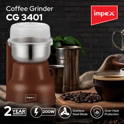 Impex CG3401 – 200W Coffee Grinder with Stainless Steel Blade & Overheat Protection