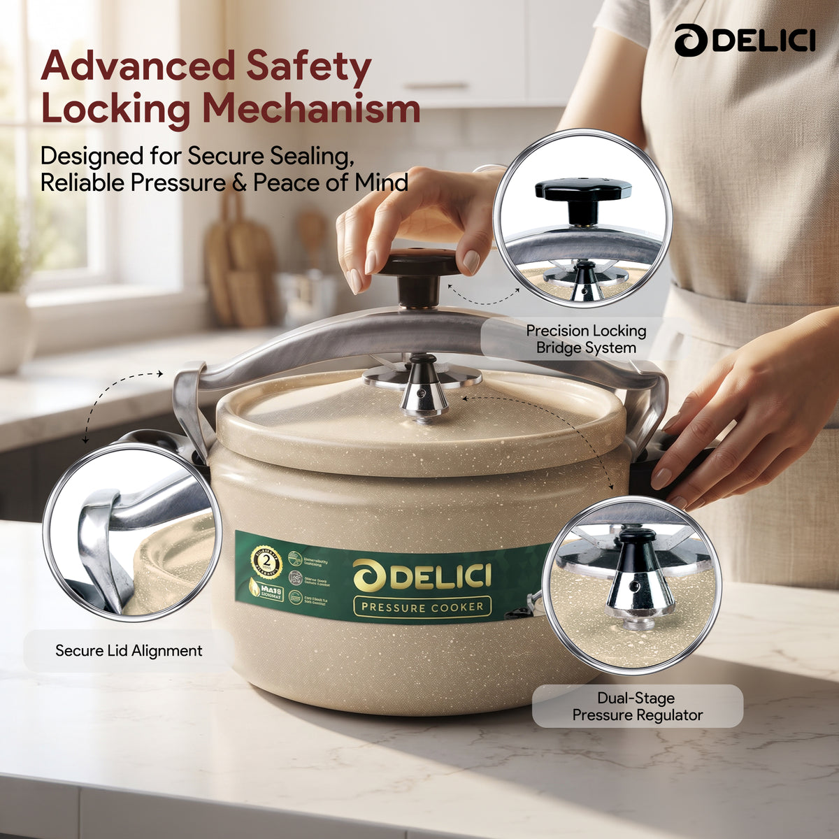 Delici Granite Aluminium Pressure Cooker 9 Litre | Beige | Safety Lock | 2-Year Warranty | DPC9B
