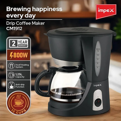 Impex CM1912 – 1.25L 12-Cup Drip Coffee Maker with Keep-Warm Plate & Anti-Drip