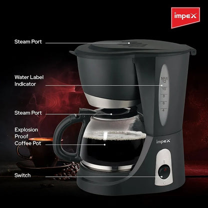 Impex CM1912 – 1.25L 12-Cup Drip Coffee Maker with Keep-Warm Plate & Anti-Drip