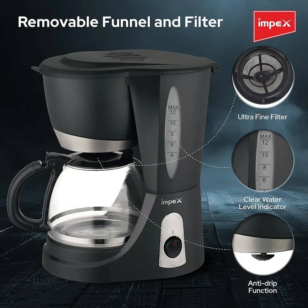 Impex CM1912 – 1.25L 12-Cup Drip Coffee Maker with Keep-Warm Plate & Anti-Drip