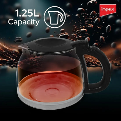 Impex CM1912 – 1.25L 12-Cup Drip Coffee Maker with Keep-Warm Plate & Anti-Drip