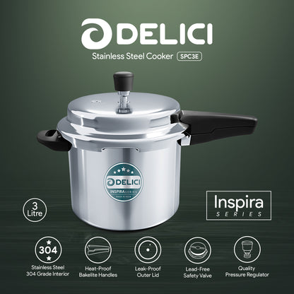 Delici Stainless Steel Pressure Cooker 3 Litre | Induction Base | Spring Safety Valve | SPC3E