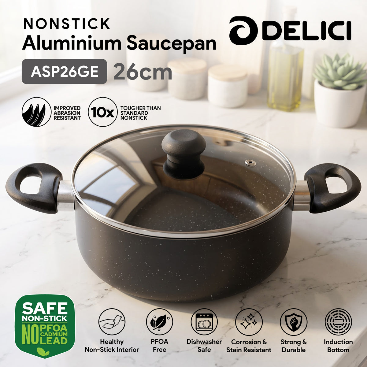 Delici Non-Stick Sauce Pan 26CM (ASP26GE) – Granite Gray | PFOA Free