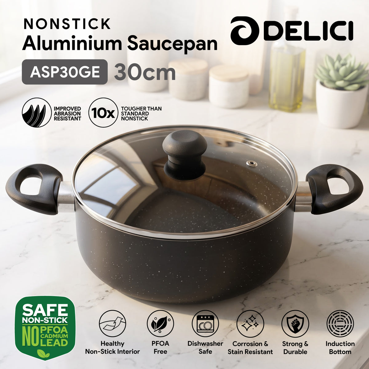 Delici Non-Stick Sauce Pan 30CM (ASP30GE) – Granite Gray | PFOA Free