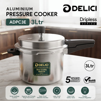 Delici Dripless NIB Pressure Cooker 3 Litre | Induction Base | Lead-Free Valve | ADPC3E
