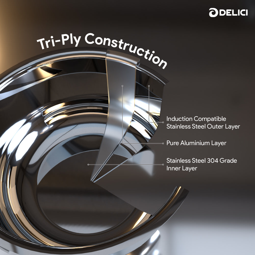 Delici Tri-Ply Stainless Steel Sauce Pan 24CM with SS Lid | 6.8L | 304 Grade | Induction & Oven Safe | DTSP24