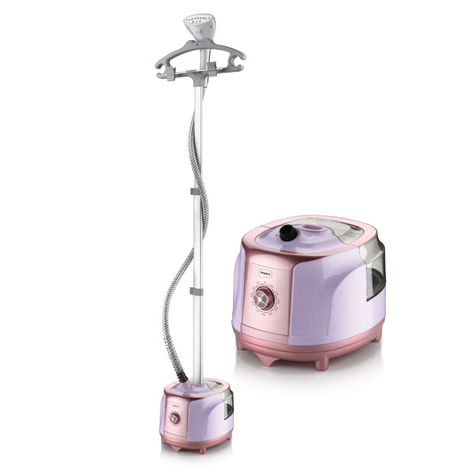 A pink and lavender steam ironing machine with a matching base and a separate steaming hanger stand, shown on a clean white background.