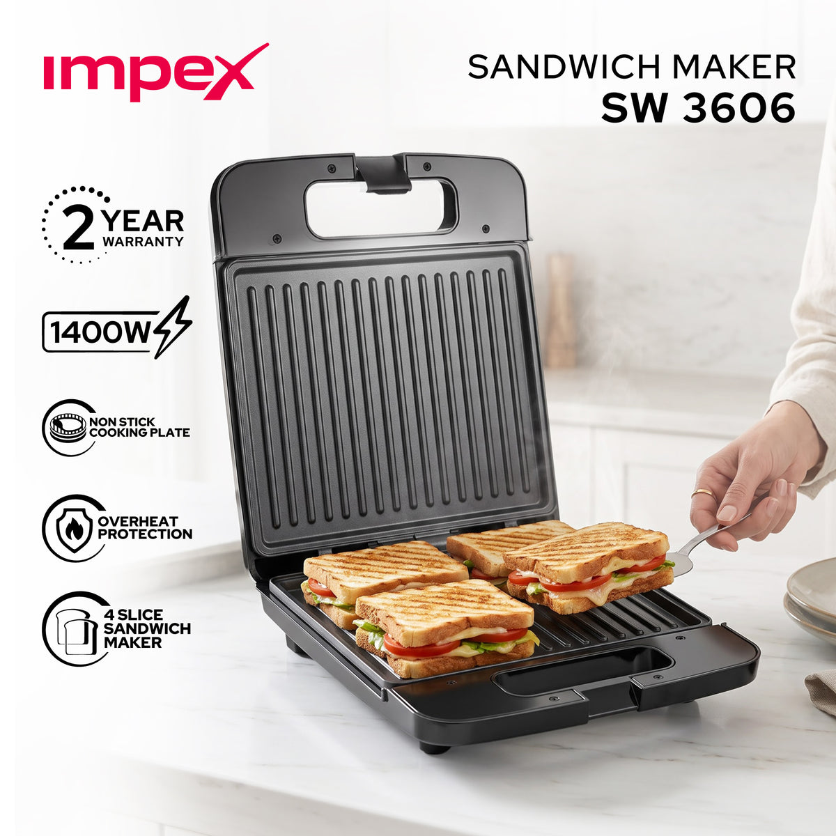 Impex 4-Slice Sandwich Maker SW 3606 | 1400W Non-Stick