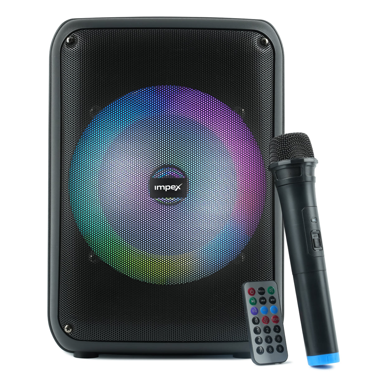 Black Impex portable speaker with a colorful rainbow LED ring, a handheld microphone, and a remote control on a white background.