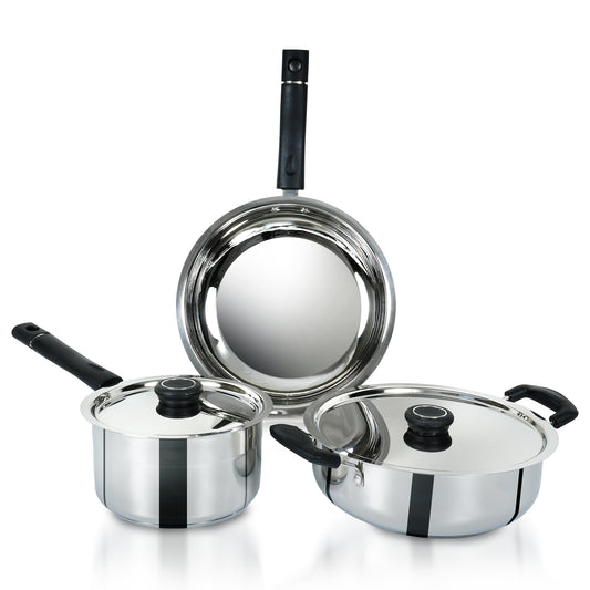 Three-piece stainless steel cookware set including a saucepan, a deep pot with lid, and a frying pan with lid, all with black handles and knobs, shown on a white background.