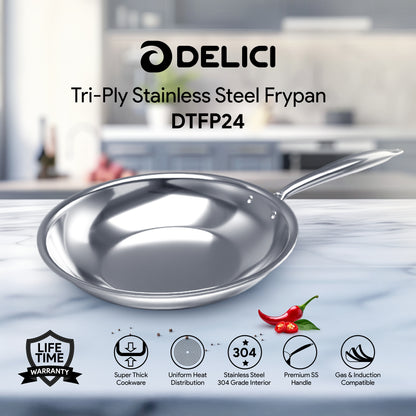 Delici Tri-Ply Stainless Steel Fry Pan 24CM | 304 Grade SS | Induction & Oven Safe | DTFP24