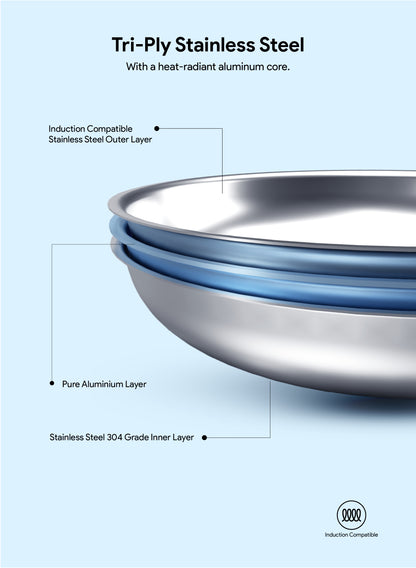 Delici Tri-Ply Stainless Steel Fry Pan 24CM | 304 Grade SS | Induction & Oven Safe | DTFP24
