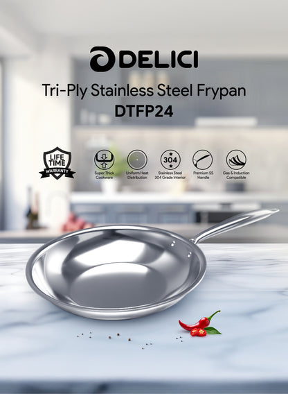 Delici Tri-Ply Stainless Steel Fry Pan 24CM | 304 Grade SS | Induction & Oven Safe | DTFP24